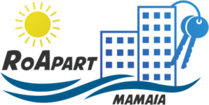 Logo grafic cu clădiri stilizate, un soare și valuri, cu textul „Cazare apartamente Mamaia Nord.